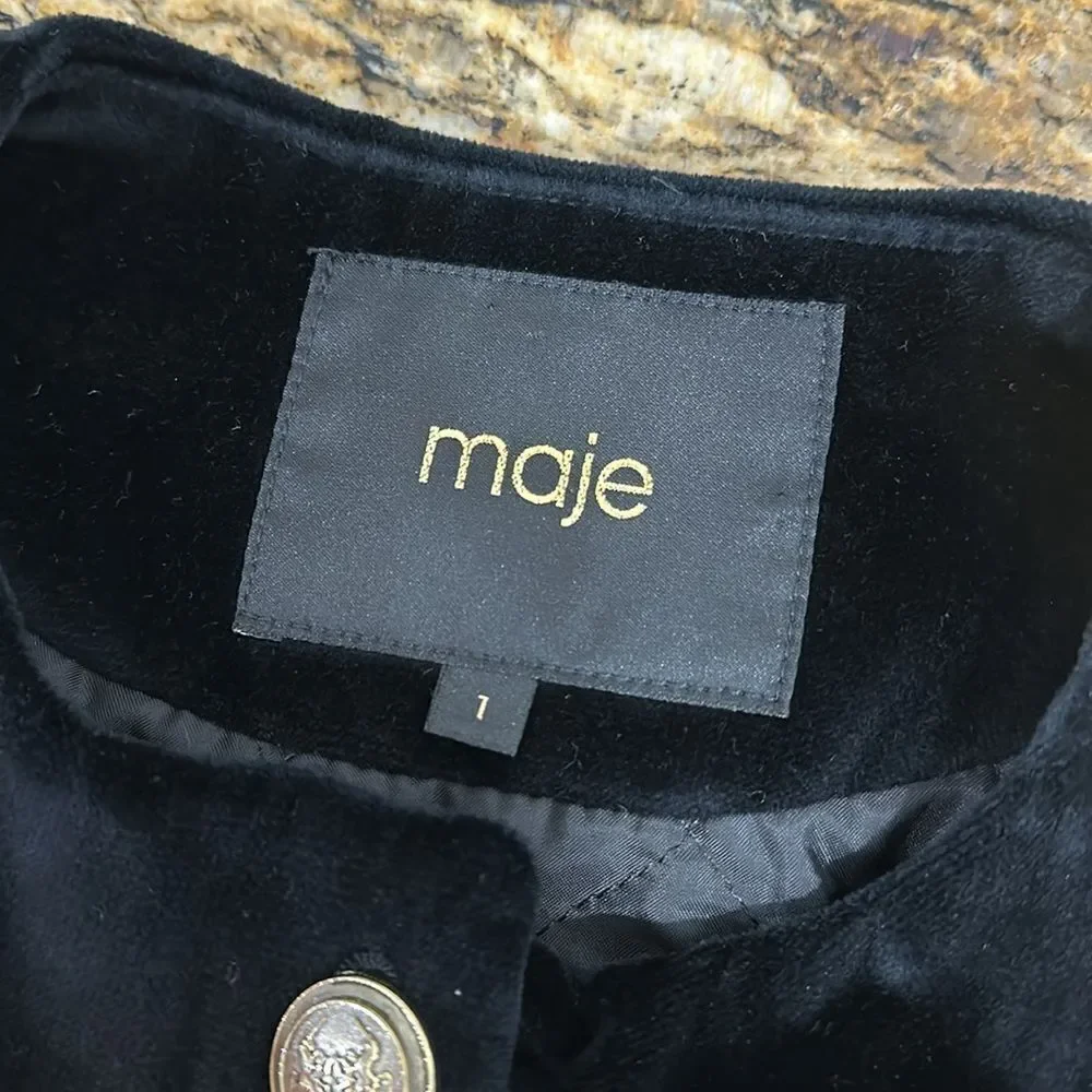 Maje Benny Velvet Button-Front Slim Fit Plush Jacket In Black Size S